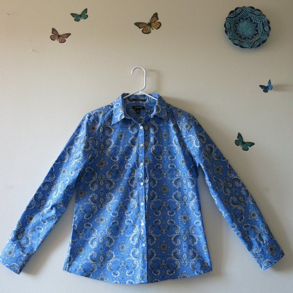Lands' End Supima Cotton Blue Green Paisley Bohemian Button Down Blouse Size 8